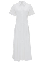 A white, short-sleeved Victoria Beckham Panelled Shirt Dress made from organic cotton features a tailored design with a collared neckline, button-front closure, and a full-length skirt displayed on a white background.