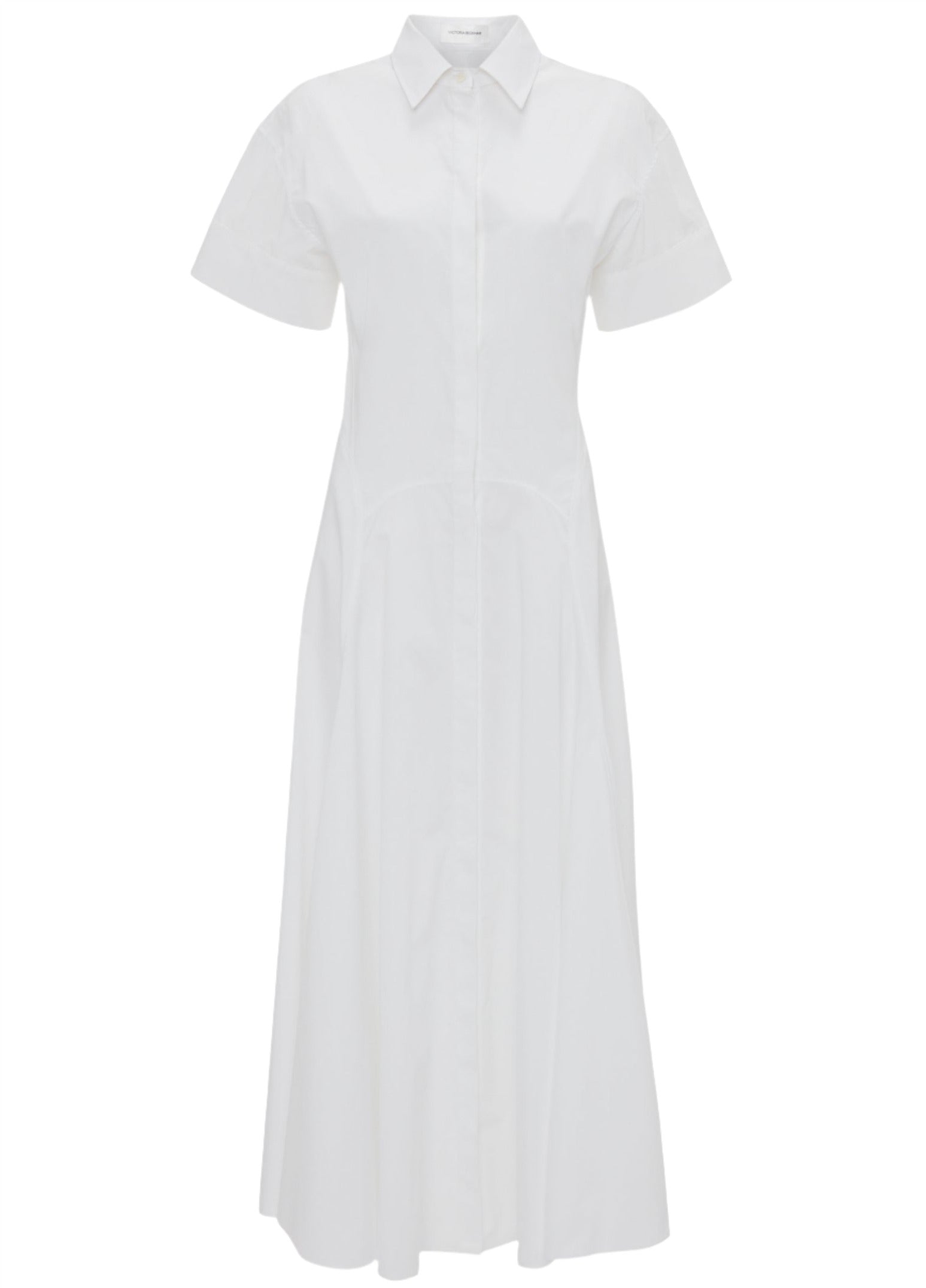 A white, short-sleeved Victoria Beckham Panelled Shirt Dress made from organic cotton features a tailored design with a collared neckline, button-front closure, and a full-length skirt displayed on a white background.