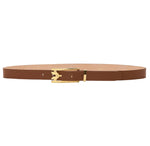 The Pin Buckle Dorian Belt by Victoria Beckham, crafted from dark tan calf leather and featuring a gold rectangular pin buckle, is displayed against a plain white background.