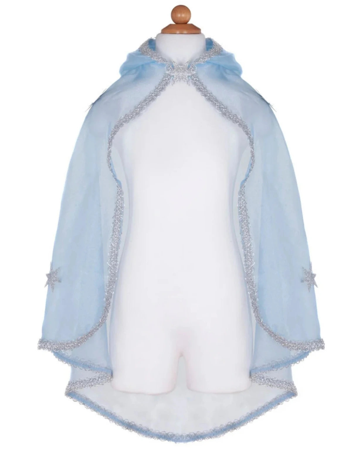 The Great Pretenders Snow Queen Cape for children features light blue crystal organza, a hood, silver trim, and sparkling silver glitter stars on the sides. Displayed on a plain white mannequin.