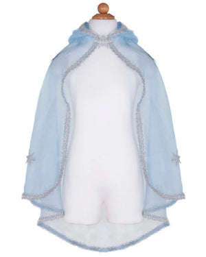 The Great Pretenders Snow Queen Cape for children features light blue crystal organza, a hood, silver trim, and sparkling silver glitter stars on the sides. Displayed on a plain white mannequin.