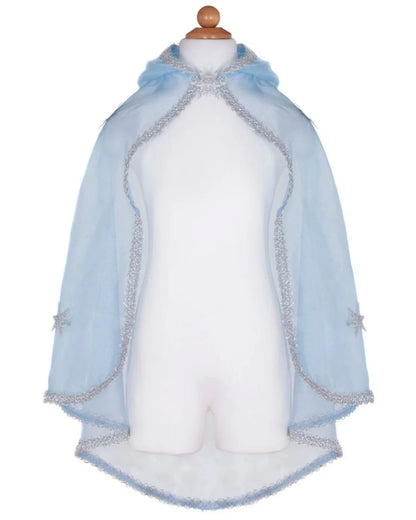The Great Pretenders Snow Queen Cape for children features light blue crystal organza, a hood, silver trim, and sparkling silver glitter stars on the sides. Displayed on a plain white mannequin.