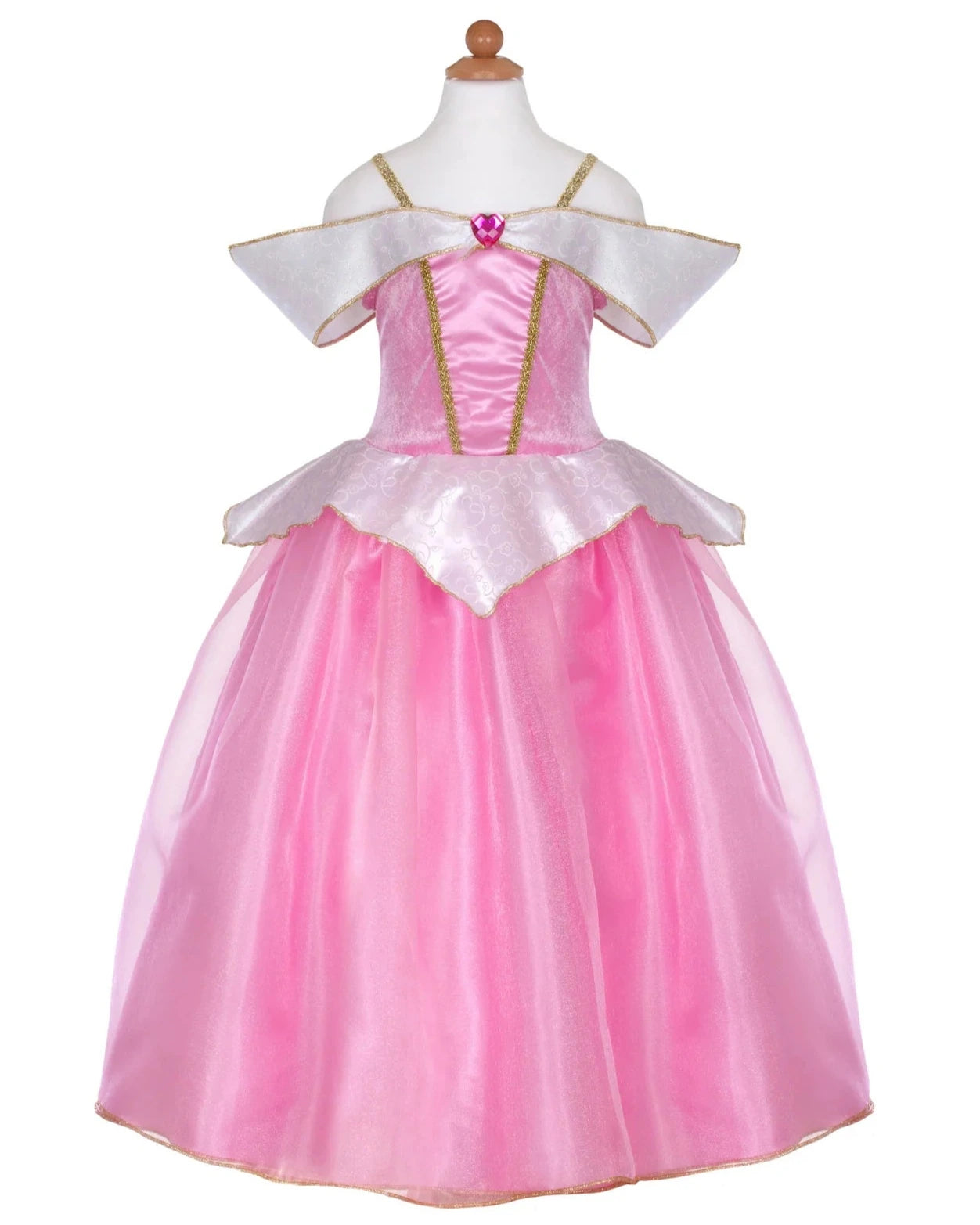 The Great Pretenders Deluxe Sleeping Cutie Gown is a child-sized pink dress with gold trim, sheer accents, and an off-the-shoulder design made from premium satin, shown on a dress form.