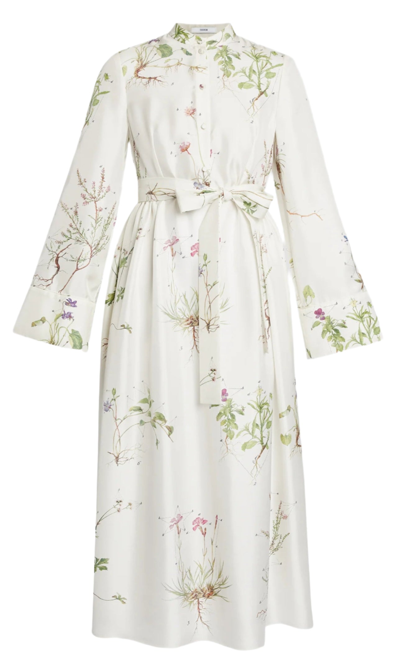 The Erdem Long Sleeve Silk Midi Dress With Tie Waist Detail features a botanical garden print and comes with a matching tie belt at the waist.
