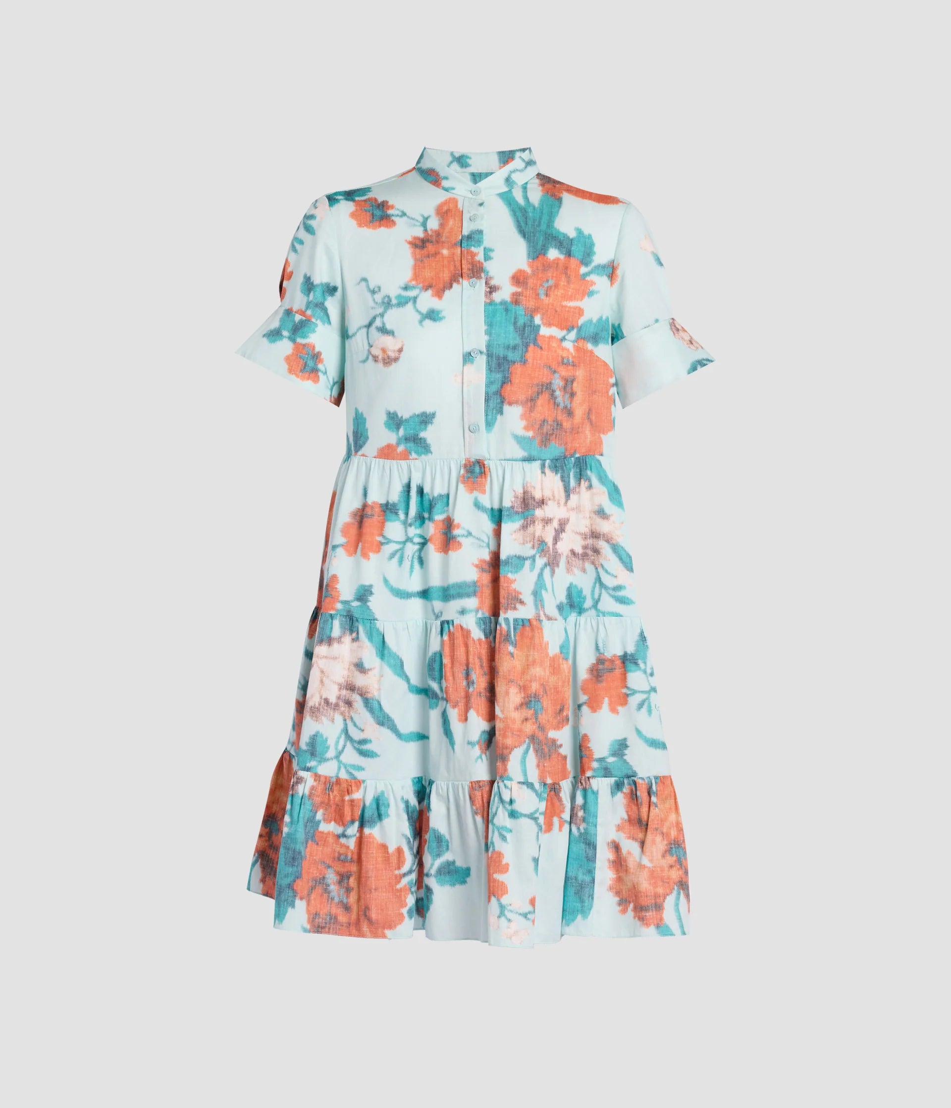 The Erdem Trailing Poppy Short Shirt Dress is a light blue cotton sateen midi with short sleeves, a tiered skirt, and a vibrant orange and pink poppy print.