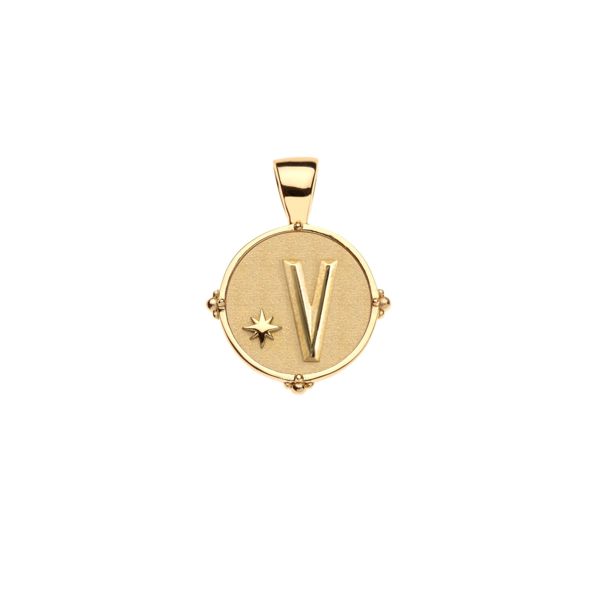 The Jane Win Letter Pendant Satellite Necklace Collection features a 14k gold round pendant with a raised letter "V" and small star design, perfect for a personalized touch.