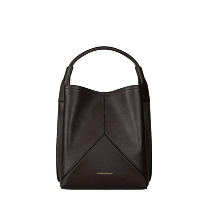 Dark tan nappa leather Victoria Bucket bag with a single handle and geometric paneling.