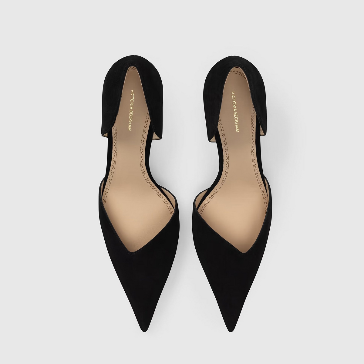 Black Victoria Angle D’Orsay Pump 55 Suede pointed-toe d’Orsay pumps with a V neckline and mid-height heels.