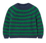 The Baby Boys’ Vigo Knit Striped Sweater by Cozmo features cozy horizontal navy blue and green stripes, a round neckline, and ribbed cuffs and hem—making it perfect for your little one.
