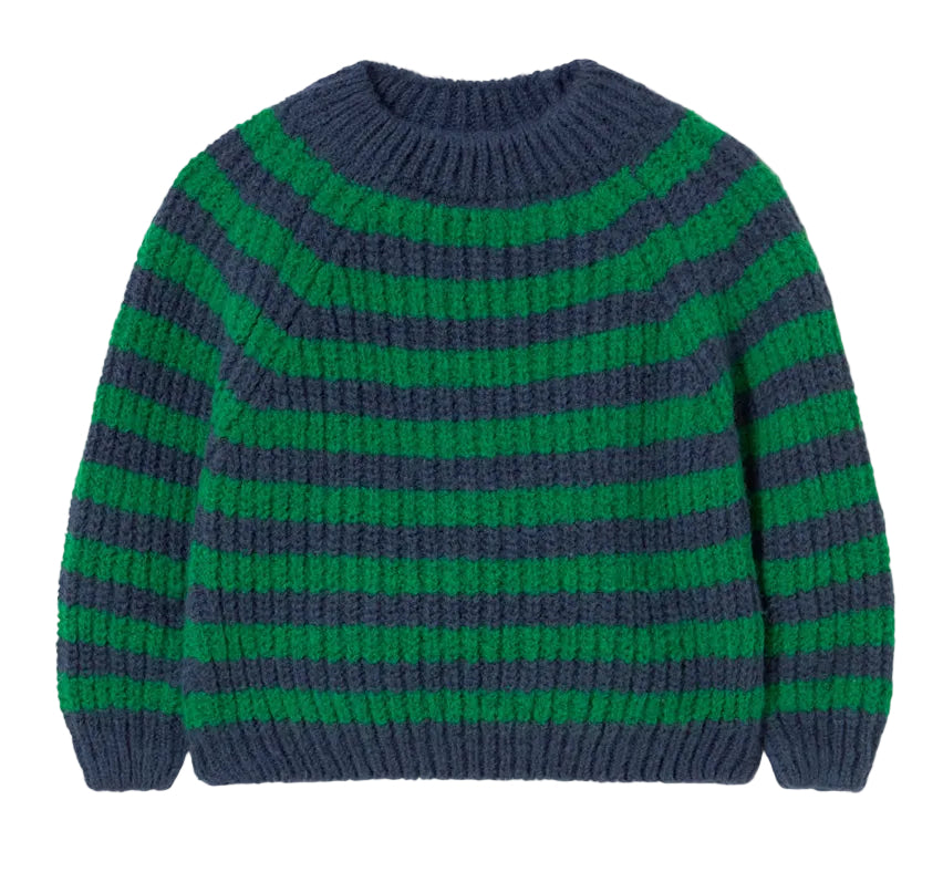 The Baby Boys’ Vigo Knit Striped Sweater by Cozmo features cozy horizontal navy blue and green stripes, a round neckline, and ribbed cuffs and hem—making it perfect for your little one.