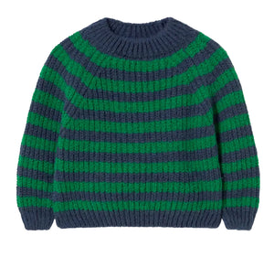 The Baby Boys’ Vigo Knit Striped Sweater by Cozmo features cozy horizontal navy blue and green stripes, a round neckline, and ribbed cuffs and hem—making it perfect for your little one.