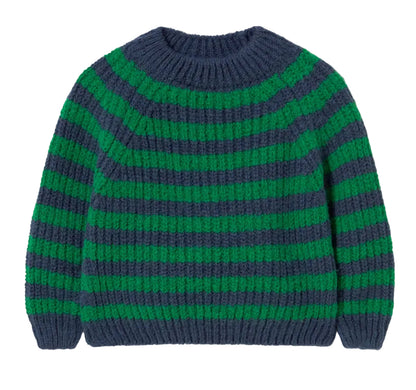 The Baby Boys’ Vigo Knit Striped Sweater by Cozmo features cozy horizontal navy blue and green stripes, a round neckline, and ribbed cuffs and hem—making it perfect for your little one.