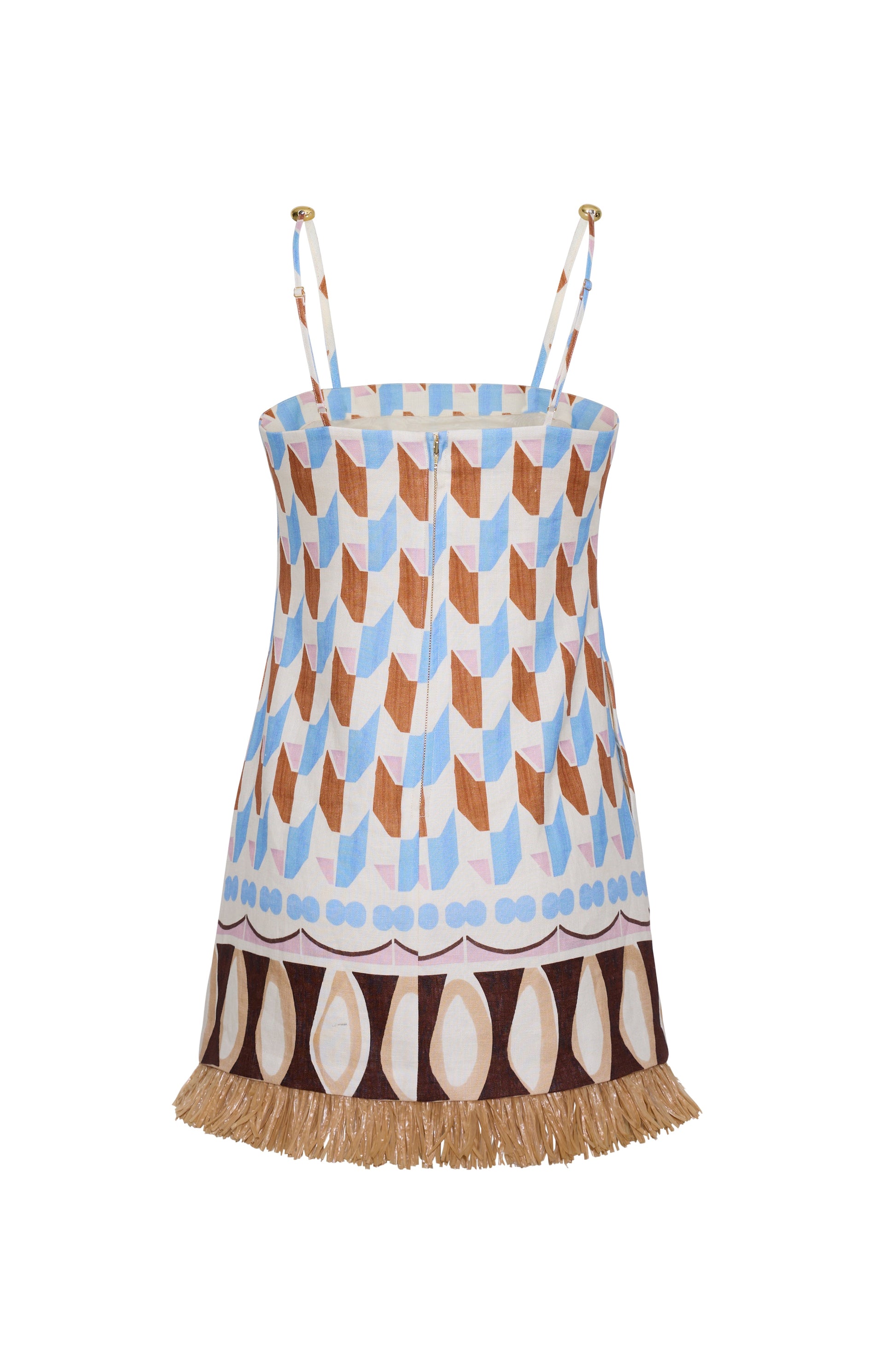 The Valencia Mini Dress by Cara Cara features a sleeveless mini shift silhouette with thin straps, a blue, brown, and beige geometric pattern, back zipper, and raffia fringe hem.