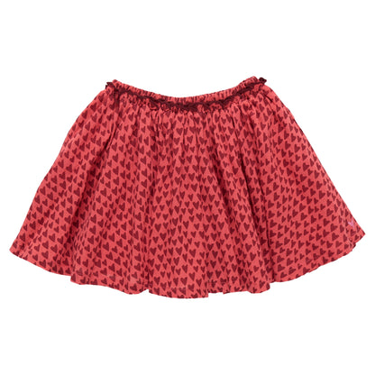 The Pink Chicken Girls' Gianna Skirt features a gathered elastic waistband and an all-over red heart print with small black hearts, making it the perfect Valentine’s skirt.
