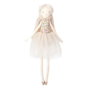 The MON AMI Vanilla Scented Doll by Mon Ami is an enchanting rag doll featuring an embroidered face, long braids, a floral top, and a white tulle skirt.