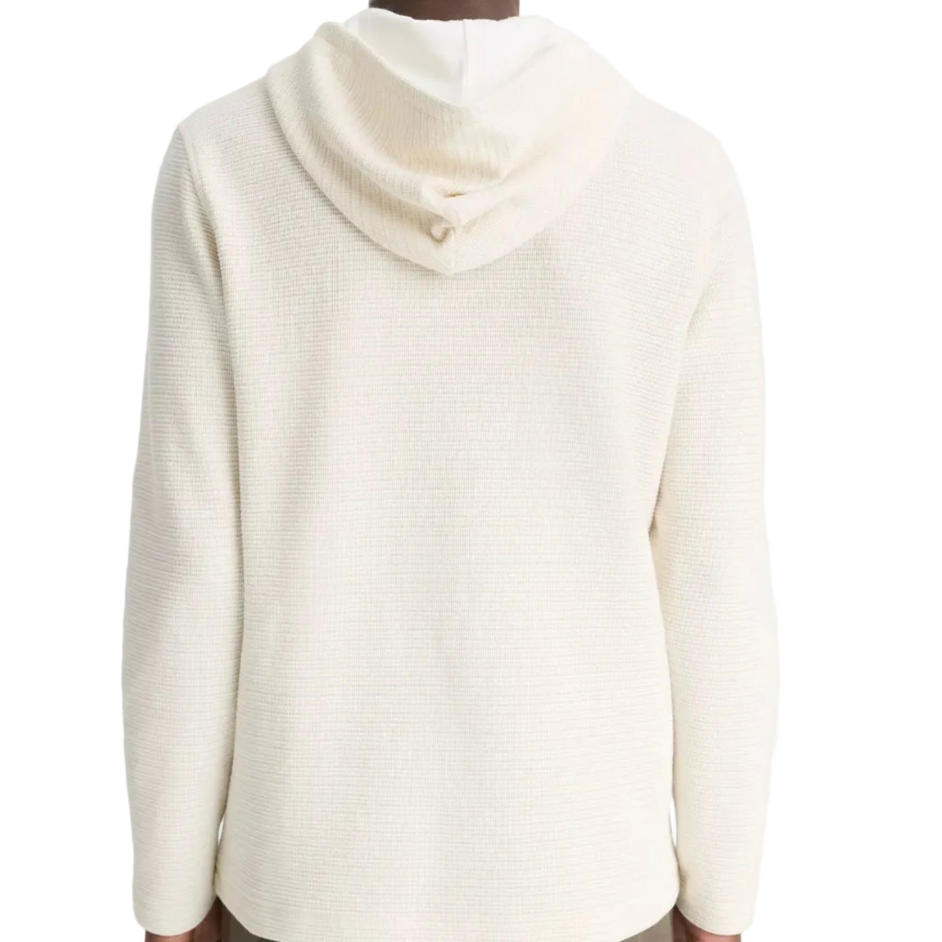 A person is shown from the back against a plain background, wearing the vince Variegated Stripe Double Face Hoodie—an off-white, textured everyday hoodie with a jersey-lined hood.