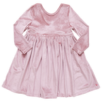 Pink Chicken Girls' Velour Steph Dress: A luxurious long-sleeve pink velvet dress from Pink Chicken, featuring an empire waist and a fully gathered flared skirt, displayed against a plain white background.