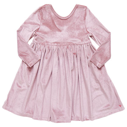 Pink Chicken Girls' Velour Steph Dress: A luxurious long-sleeve pink velvet dress from Pink Chicken, featuring an empire waist and a fully gathered flared skirt, displayed against a plain white background.