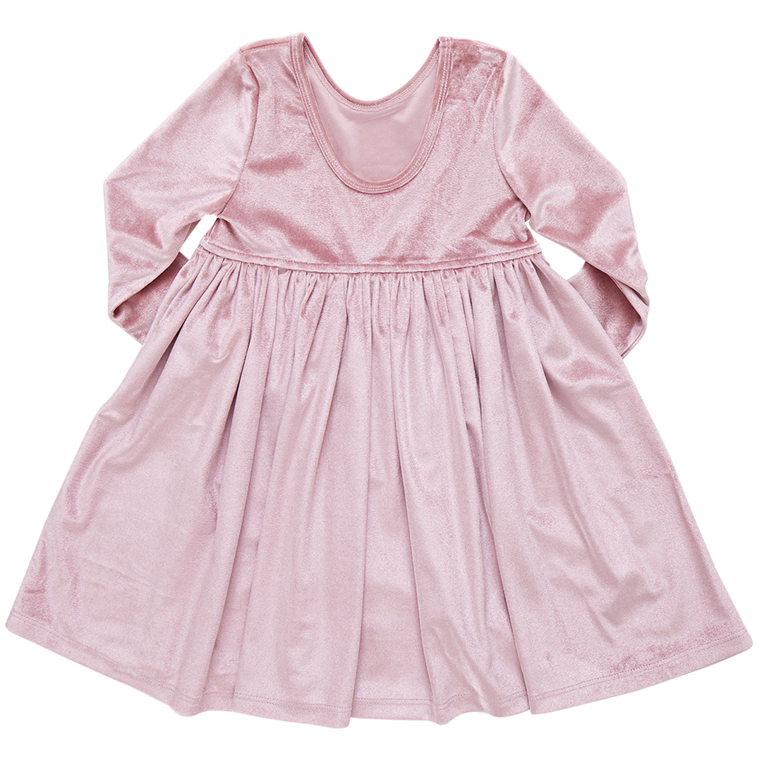 A Pink Chicken Girls' Velour Steph Dress, featuring long sleeves, a round neckline, and a fully gathered skirt, crafted from luxurious velour fabric in pink hue, laid flat and fully visible.