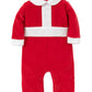The Kissy Kissy Christmas Magic Velour Playsuit is an adorable red baby romper designed in the style of a Santa playsuit. It is crafted from ultra-plush velour, featuring white trim and a collar. With long sleeves and convenient snap closures at the bottom, this outfit makes for an ideal festive choice for babies.