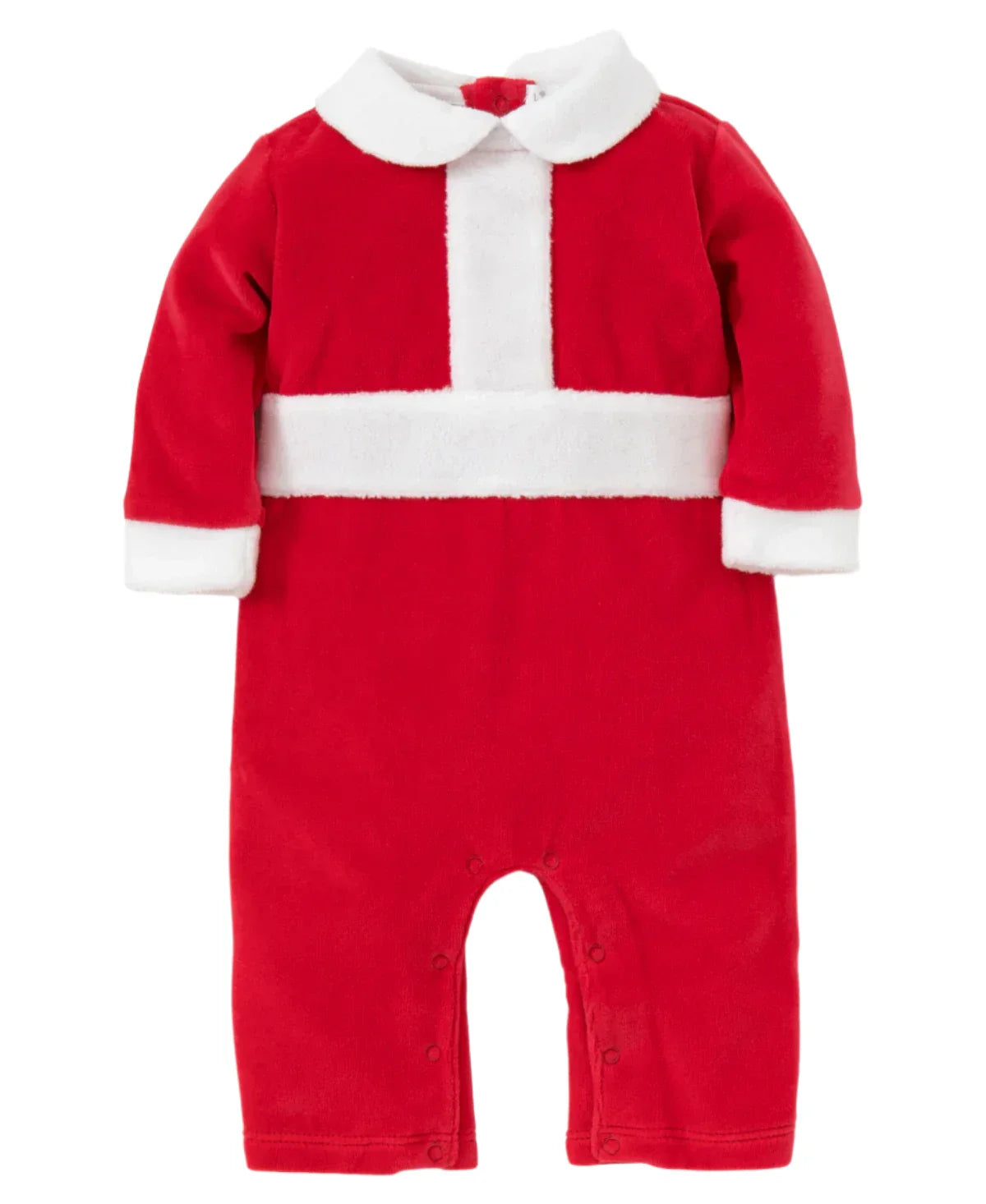 The Kissy Kissy Christmas Magic Velour Playsuit is an adorable red baby romper designed in the style of a Santa playsuit. It is crafted from ultra-plush velour, featuring white trim and a collar. With long sleeves and convenient snap closures at the bottom, this outfit makes for an ideal festive choice for babies.