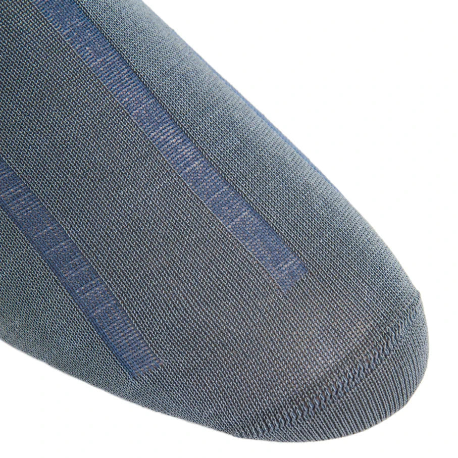 Close-up of the toe area of Dapper Classics' Steel Gray with Indigo Blue Vertical Stripe Cotton Sock, showing a fine seamless knit and subtle vertical stripes for a refined, breathable mid calf design.