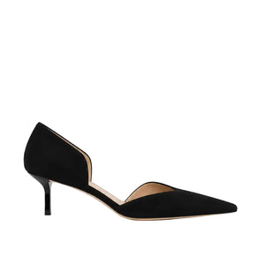 Black suede Victoria Angle D’Orsay Pump 55 Suede with a pointed toe, V neckline, and kitten heel.
