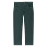 A pair of Bonpoint Boys’ Jagger Straight Trousers in organic cotton velvet, dark green, featuring front and back pockets, zip fly with button closure, displayed flat on a white background.