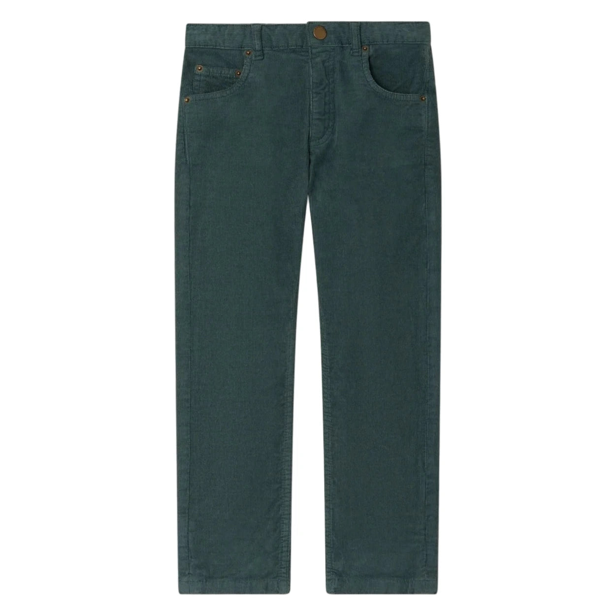 A pair of Bonpoint Boys’ Jagger Straight Trousers in organic cotton velvet, dark green, featuring front and back pockets, zip fly with button closure, displayed flat on a white background.