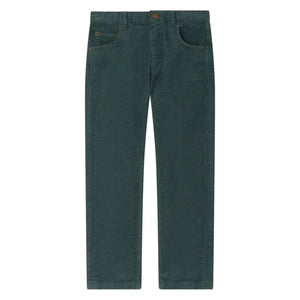 A pair of Bonpoint Boys’ Jagger Straight Trousers in organic cotton velvet, dark green, featuring front and back pockets, zip fly with button closure, displayed flat on a white background.
