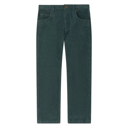 A pair of Bonpoint Boys’ Jagger Straight Trousers in organic cotton velvet, dark green, featuring front and back pockets, zip fly with button closure, displayed flat on a white background.