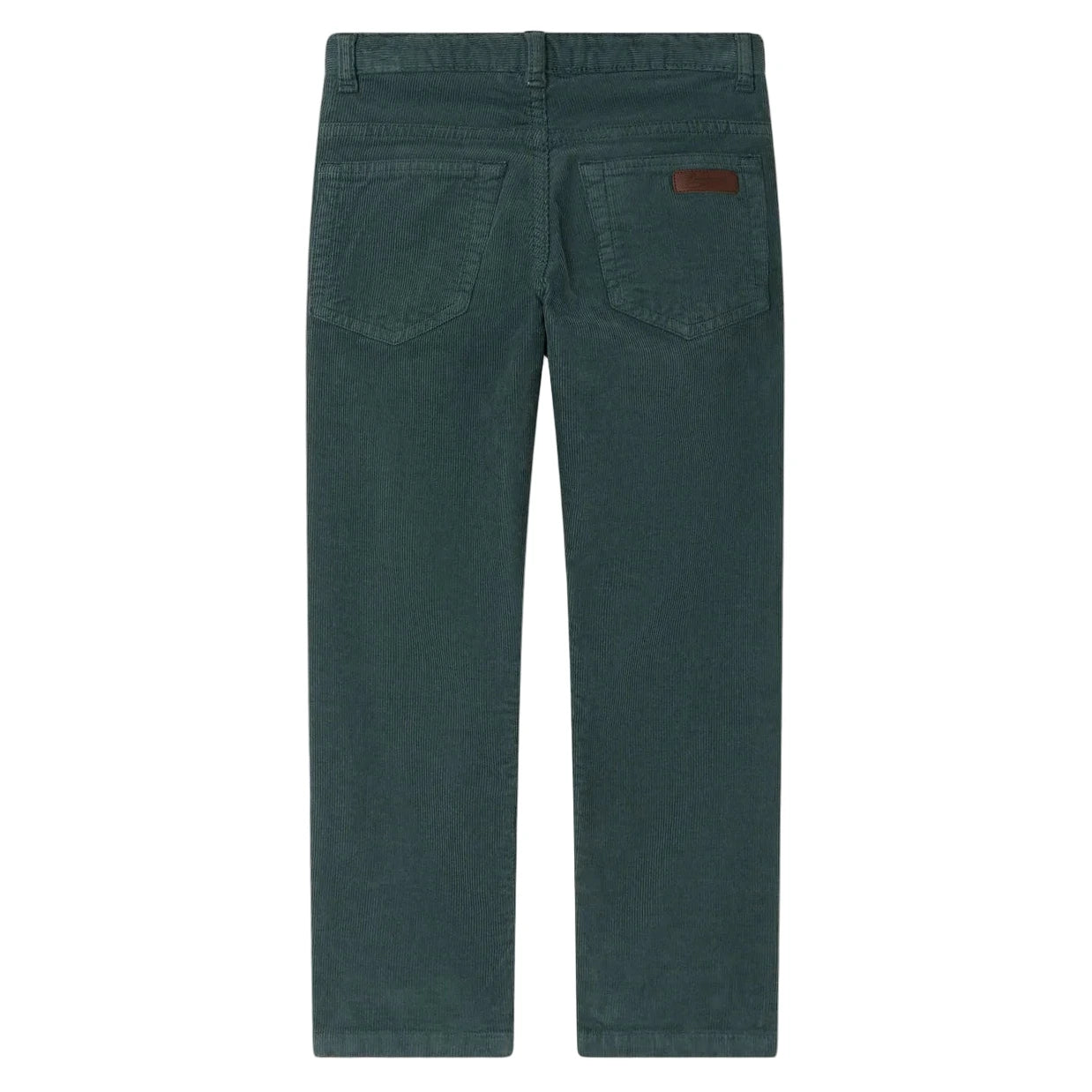 Back view of Bonpoint Boys' Jagger Straight Trousers in green organic cotton velvet, featuring straight-leg cut, two rear pockets, and a small brown patch on the right pocket.