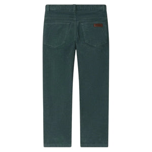 Back view of Bonpoint Boys' Jagger Straight Trousers in green organic cotton velvet, featuring straight-leg cut, two rear pockets, and a small brown patch on the right pocket.