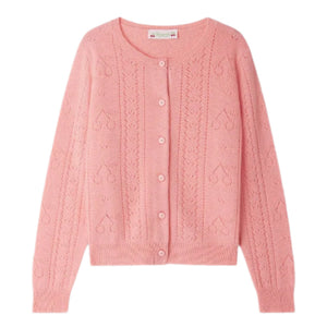 The Girls' Josiane Crew Neck Cardigan by Bonpoint features a round neckline, button-down front, ribbed cuffs and hem, and green fancy details. Ideal for layering, this cardigan adds a charming touch to any outfit.