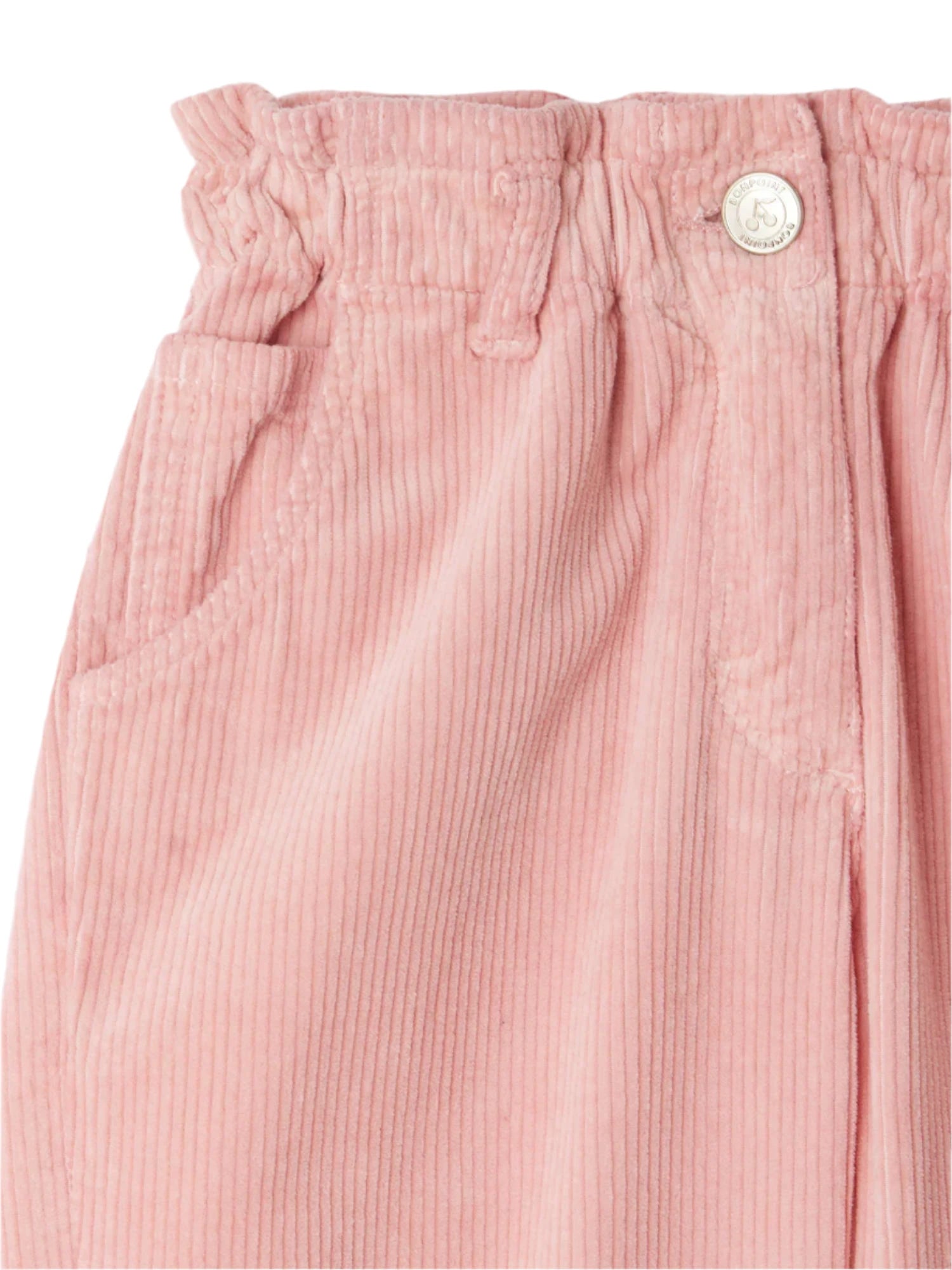 Bonpoint Girls' Sonie Mom-Fit Pants in Pink Velvet feature an elastic waistband, belt loops, front pockets, and a metal button closure for a stylish look.