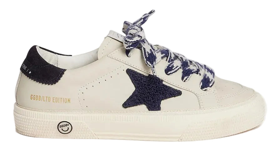Cream-colored Bonpoint x Golden Goose Baby Sneakers featuring a black star patch, black heel tab, and patterned laces. “GGDB/LTD EDITION” is printed in gold on the side.