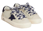 A pair of off-white Bonpoint x Golden Goose Baby Sneakers featuring thick, patterned blue and white laces and a navy star detail on the side.