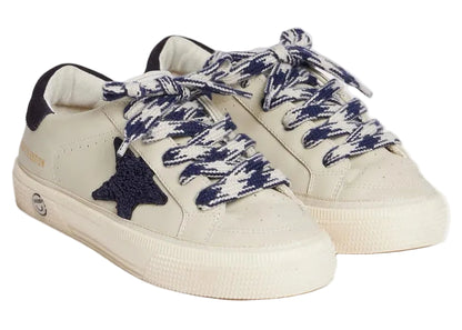A pair of off-white Bonpoint x Golden Goose Baby Sneakers featuring thick, patterned blue and white laces and a navy star detail on the side.