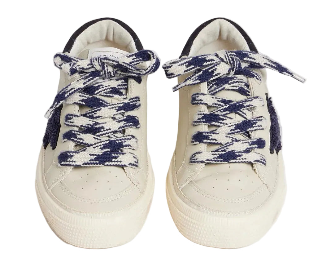 A pair of Bonpoint x Golden Goose Baby Sneakers in white, featuring thick blue and white patterned laces, are displayed side by side on a plain white background, viewed from above.