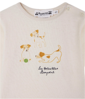 The Bonpoint Baby Boys' and Boys' Tahsin T-shirt features a playful dog print with three brown and white dogs, a green ball, and "Les fortes têtes Bonpoint" text, crafted in organic cotton.