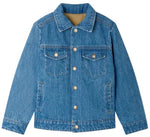 The Bonpoint Boys’ Marvin Reversible Jacket with Embroidery on the Back is shown laid flat on a white background. This stylish light blue denim jacket features a classic collar, button front closure, two chest flap pockets, and two side pockets. Crafted from soft organic cotton for exceptional comfort and style.