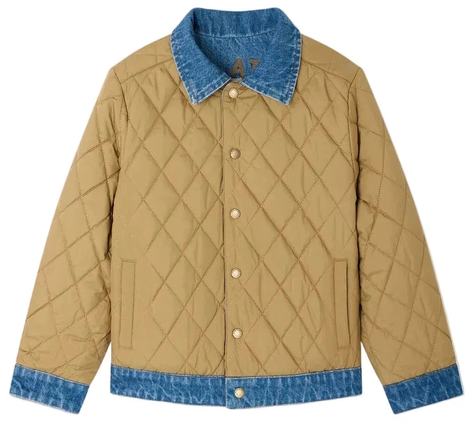 Bonpoint Boys’ Marvin Reversible Jacket with Embroidery on the Back features a quilted beige design with a denim collar, cuffs, and hem. This jacket includes snap buttons and two front pockets.