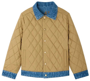 Bonpoint Boys’ Marvin Reversible Jacket with Embroidery on the Back features a quilted beige design with a denim collar, cuffs, and hem. This jacket includes snap buttons and two front pockets.