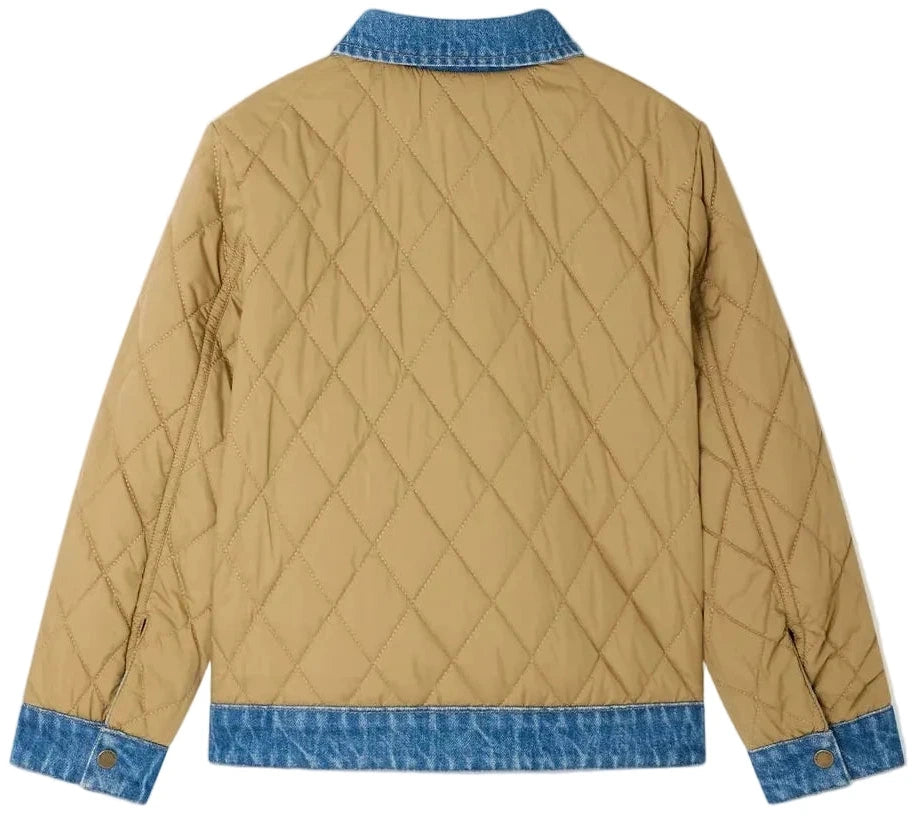 Bonpoint Boys’ Marvin Reversible Jacket with Embroidery on the Back—tan quilted organic cotton with diamond stitching, featuring blue denim collar, cuffs, and hem; shown from the back.