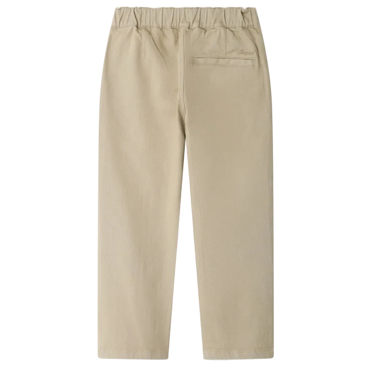 Boys’ Maurice Straight Pants by Bonpoint in beige, shown from the back, feature an elastic waistband and a single welt pocket on the right side, crafted from soft organic cotton.