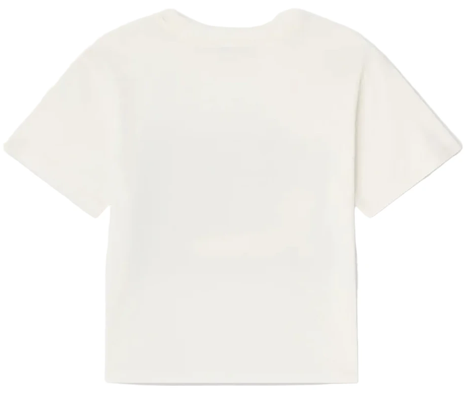 The Bonpoint Boys’ Eidan T-Shirt, shown in plain white with short sleeves and made from soft organic cotton, is displayed flat with the back side facing up.