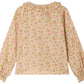 The Girls’ Melusina Blouse in Liberty Fabric by Bonpoint features long sleeves, a ruffled collar and cuffs, and is crafted from luxurious Liberty fabric in soft shades of pink, green, and cream on a light background.