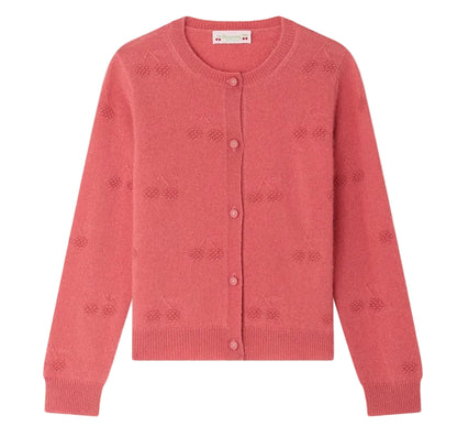The Girls’ Manon Cardigan from Bonpoint is a pink cashmere cardigan featuring a round neckline and a delicate cherry pattern knitted throughout, blending timeless style with playful elegance for girls.