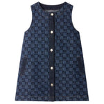 The Bonpoint Girls’ Jette Cherry Checkerboard-Print Dress, crafted from organic cotton denim, features a sleeveless design, front buttons, two hip pockets, and is displayed laid flat on a white background.