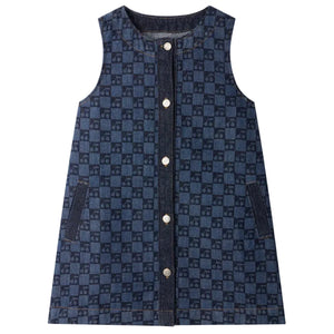 The Bonpoint Girls’ Jette Cherry Checkerboard-Print Dress, crafted from organic cotton denim, features a sleeveless design, front buttons, two hip pockets, and is displayed laid flat on a white background.